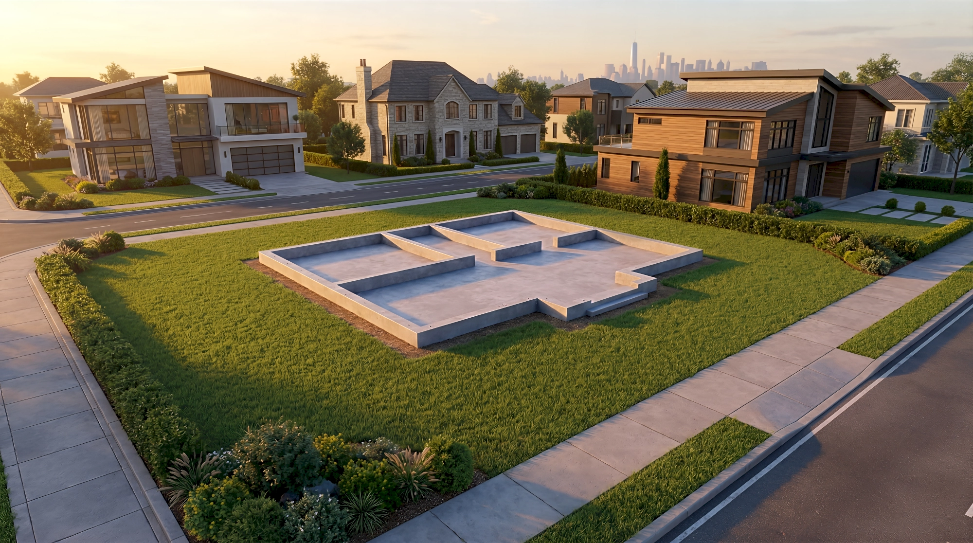 A 3D render of a premium vacant development lot with an articulated poured concrete foundation and raised…