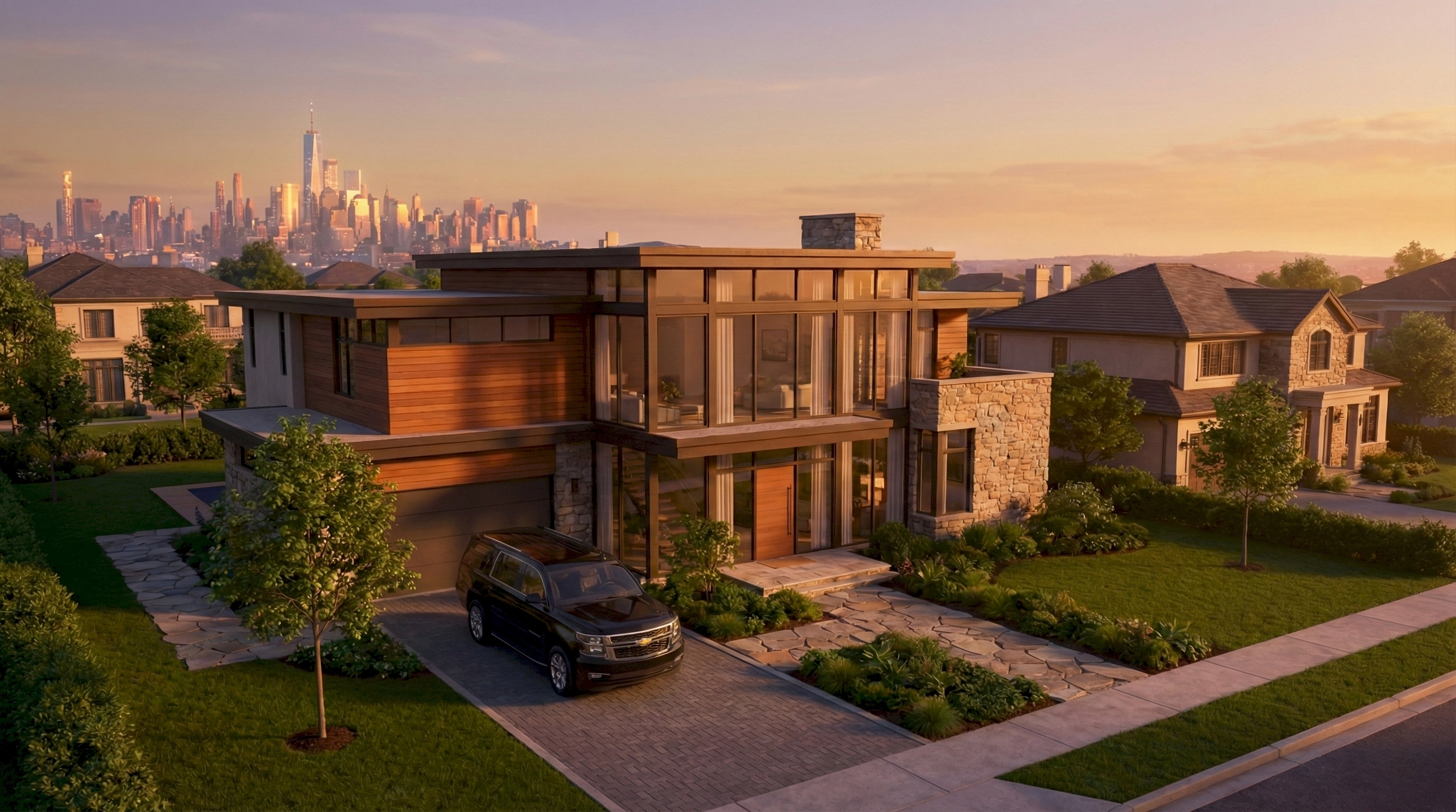 A 3D render of a contemporary prairie-style luxury home in Forest Hills New York featuring cedar horizontal…