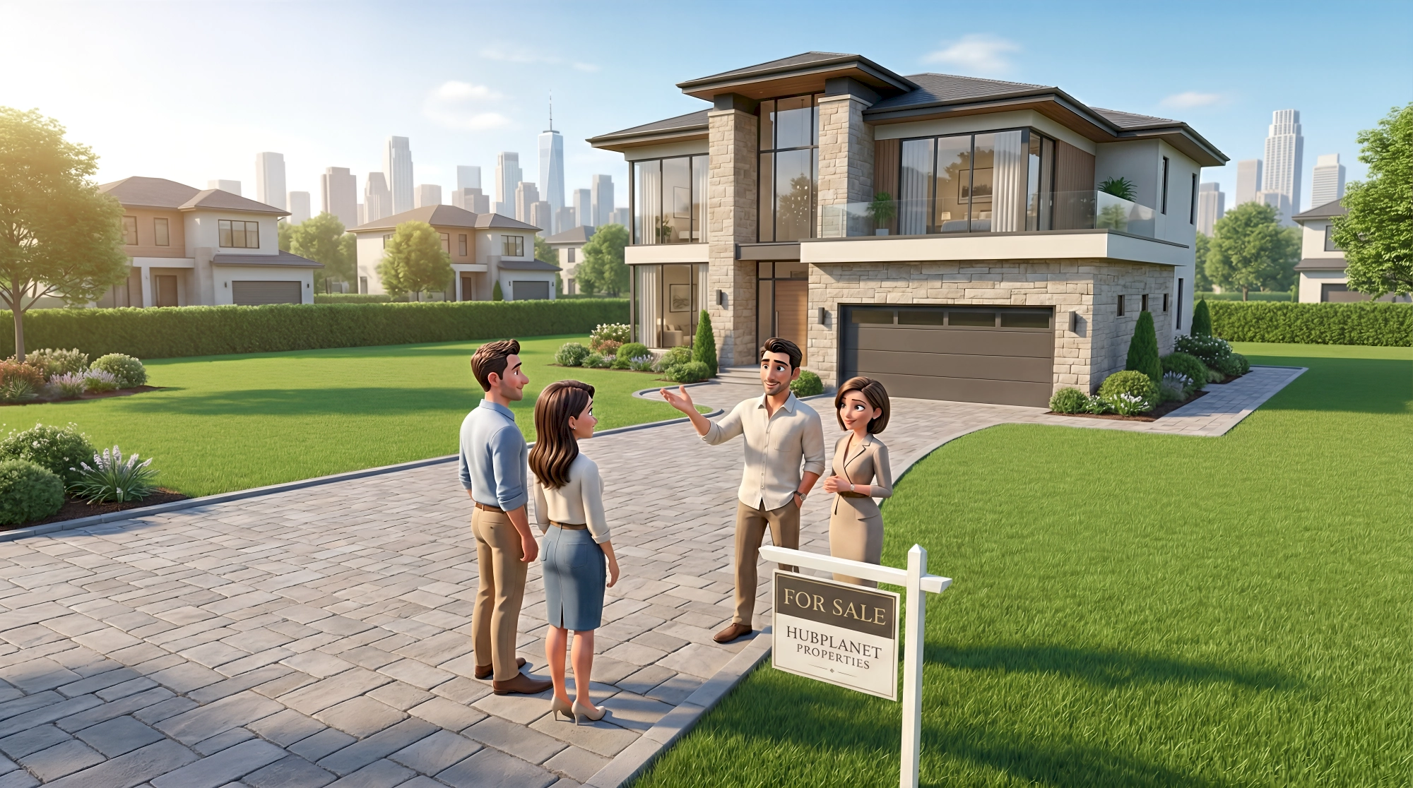 Four stylized 3D characters — a white man in a light blue sweater and khakis, his white female partner in a…