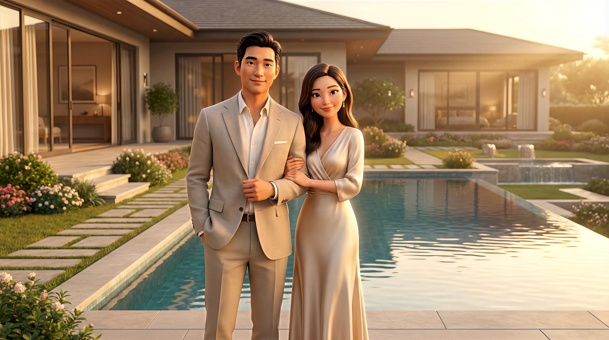 Two stylized 3D high-fidelity characters — an Asian man in a fitted light grey linen suit and an Asian woman…