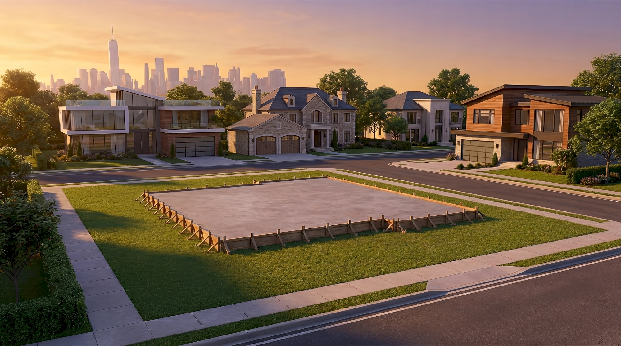 A 3D render of a vacant corner development lot with concrete foundation slab and timber formwork stakes on a…