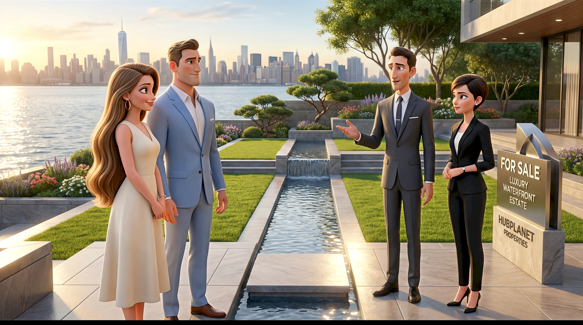 Four cinematic 3D characters — a European woman in a cream sleeveless midi dress with gold hoops, her white…