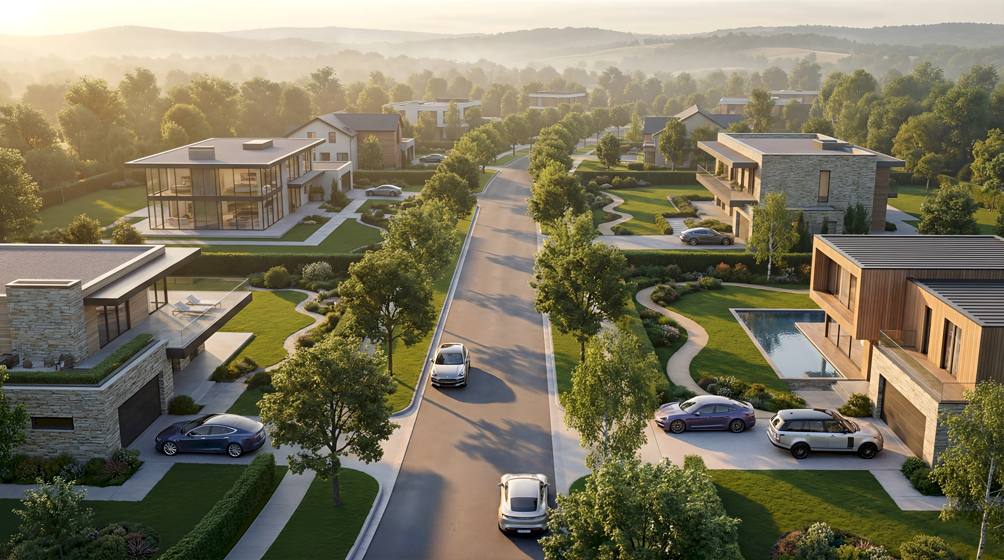 A 3D render of a sweeping contemporary luxury neighborhood in the Hudson Valley New York bathed in golden…