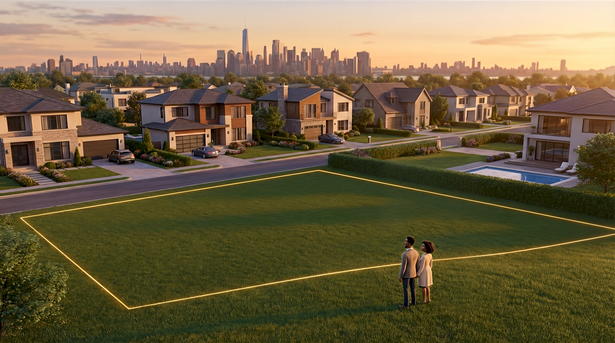 Two stylized 3D characters — a Black man in a tailored beige blazer and a Black woman in a cream dress with…