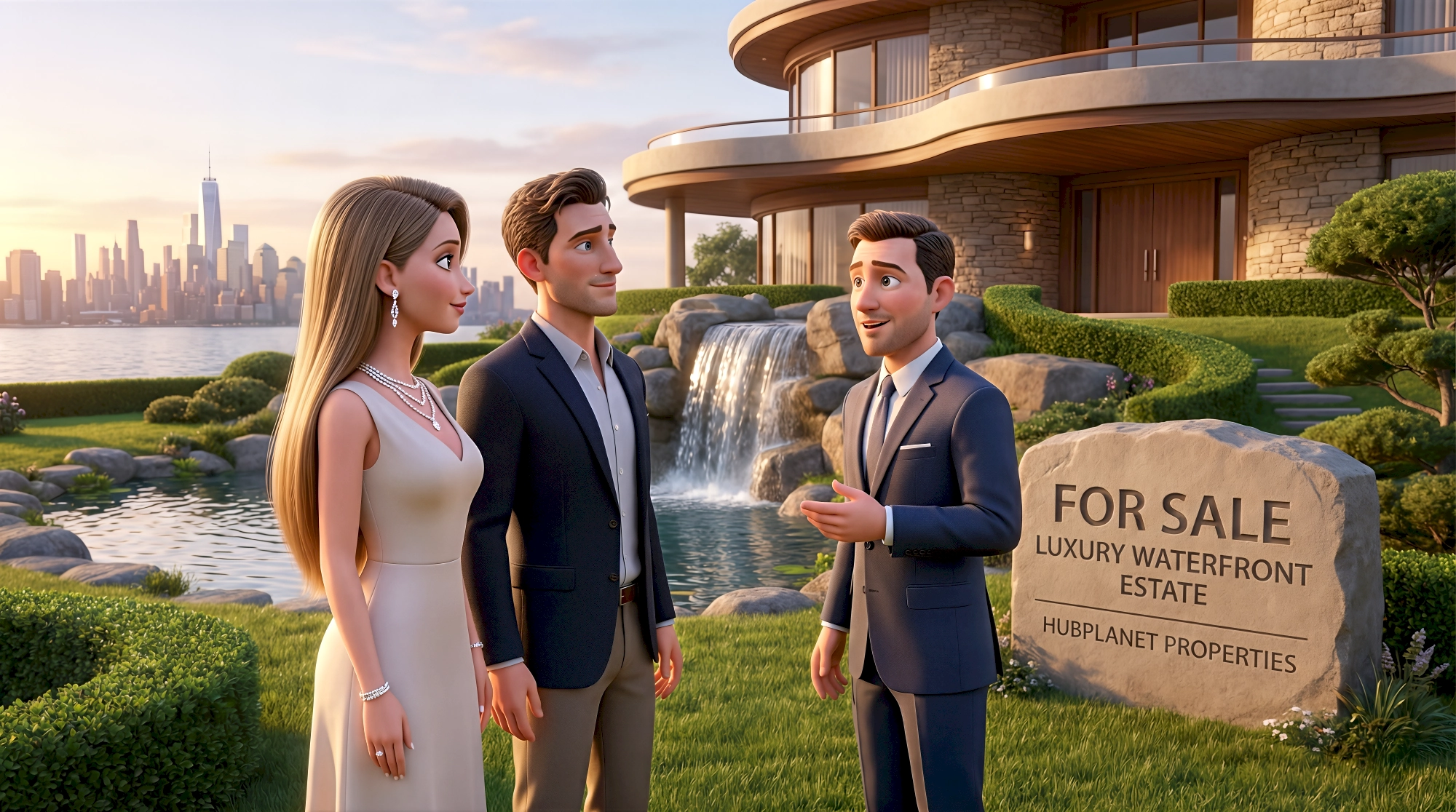 Three cinematic 3D CGI characters — a white woman in a champagne gown with diamond jewelry, her white male…