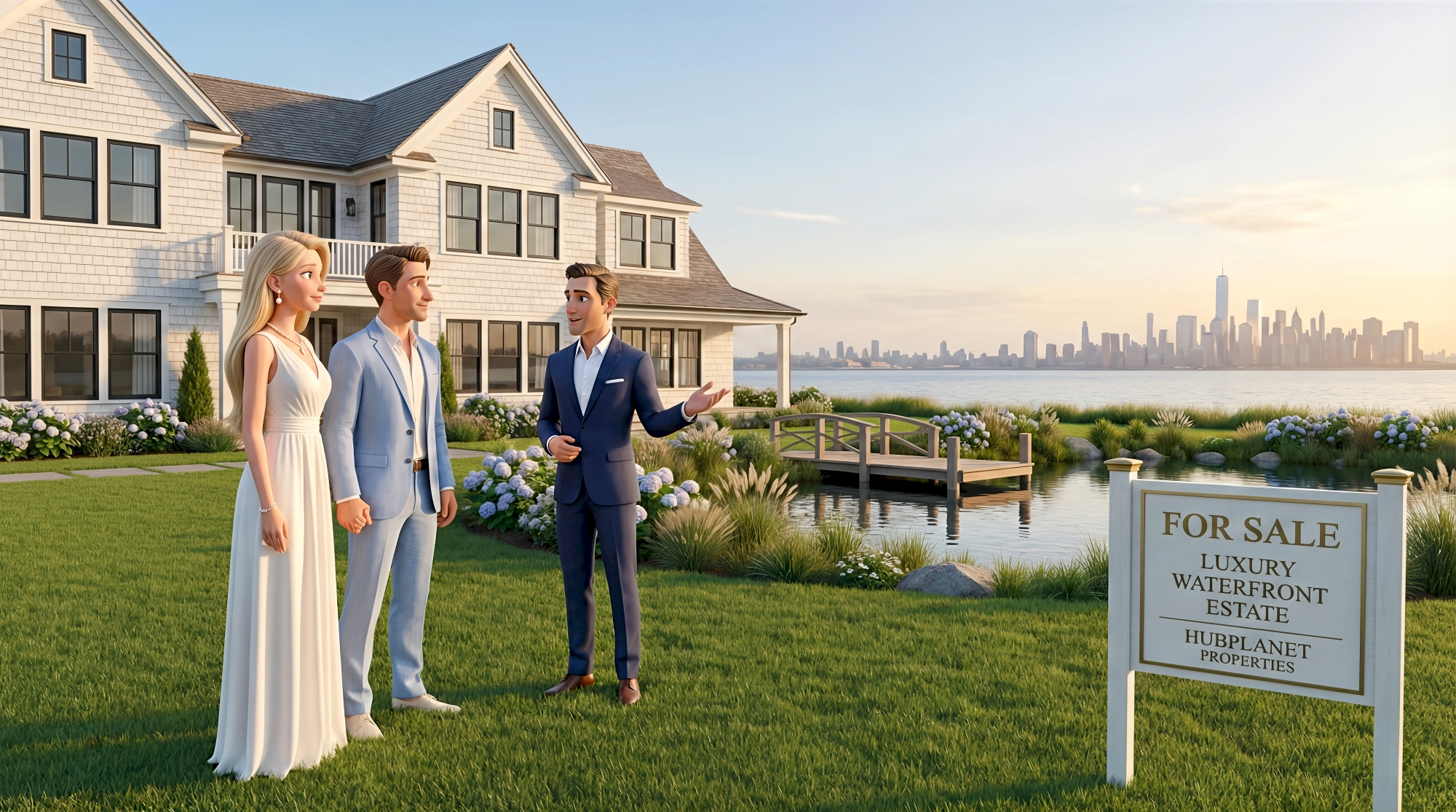 Three stylized 3D digital human characters — a white woman in a flowing white maxi dress, her white male…