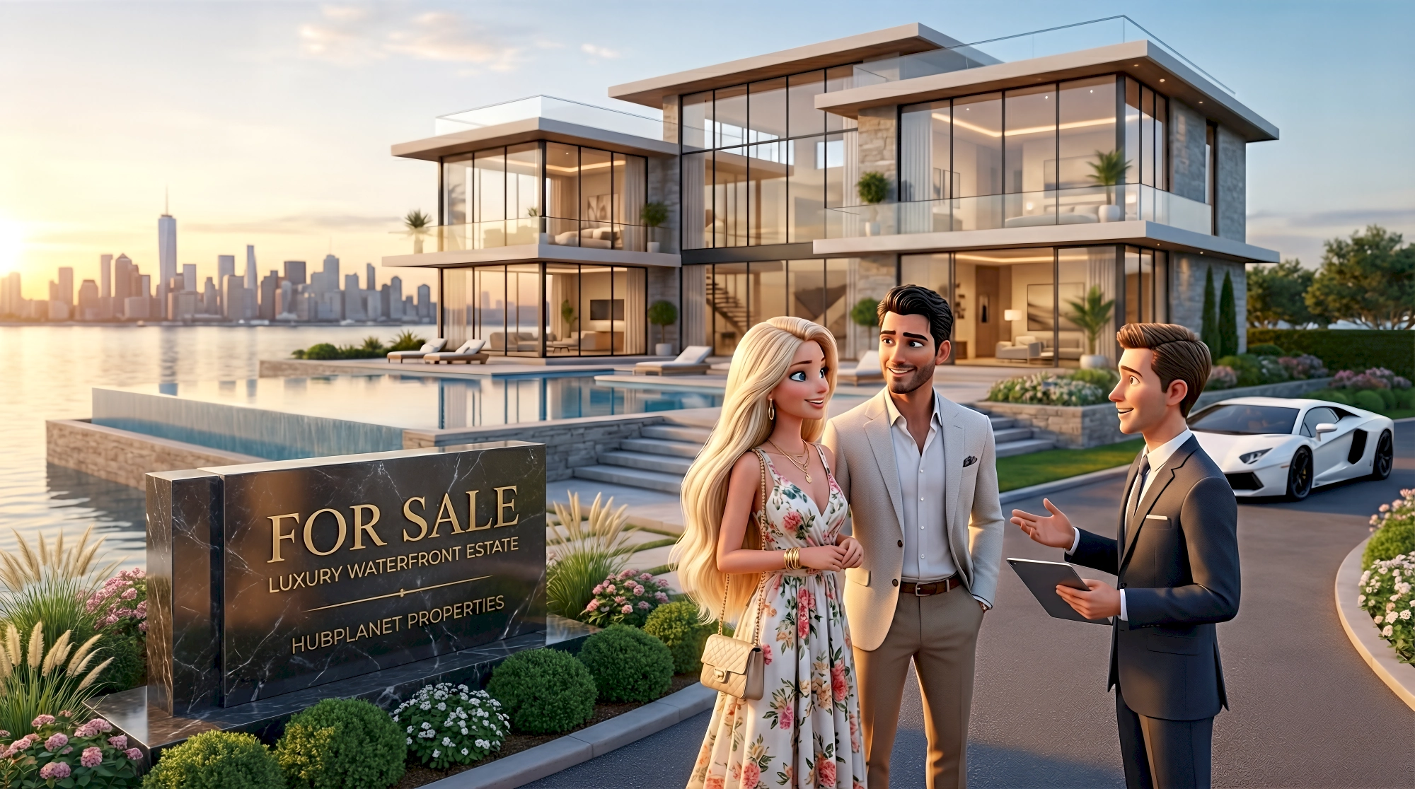 Three stylized 3D metahuman characters — a white woman with long platinum blonde hair in a floral sundress…