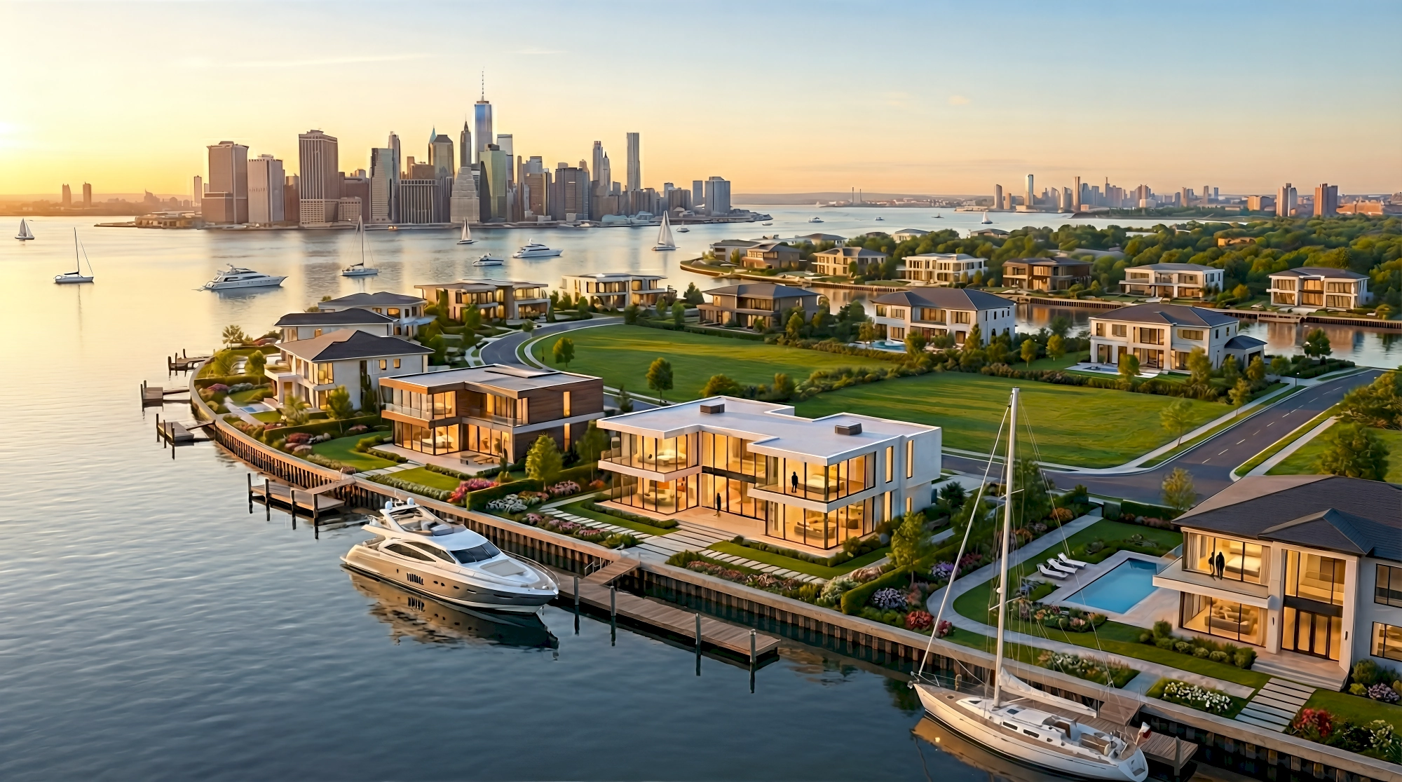 A 3D render of an exclusive private waterfront island community in Liberty Harbor New Jersey facing the full…