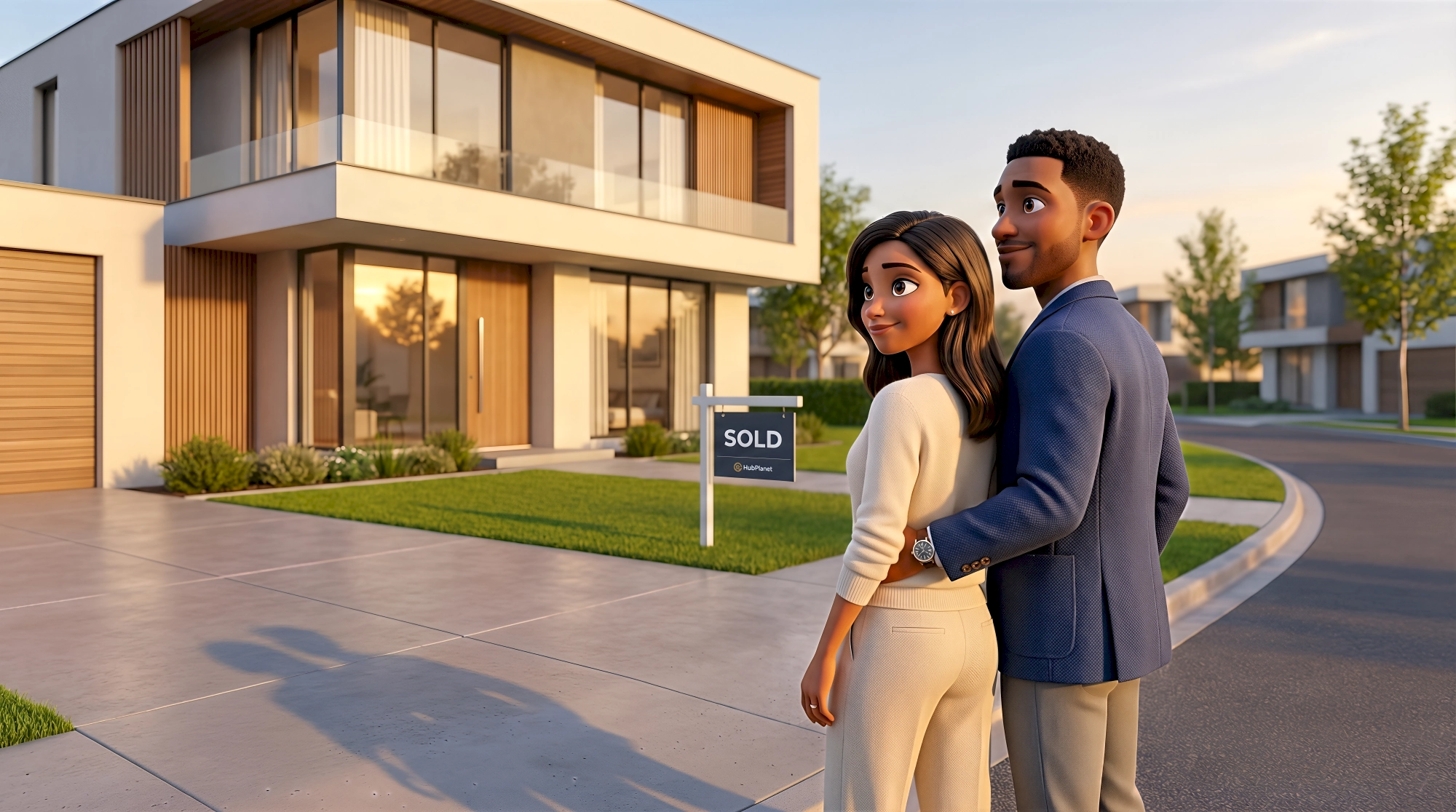 Two stylized 3D characters — a Hispanic woman in a cream knit sweater and tailored trousers and her Black…