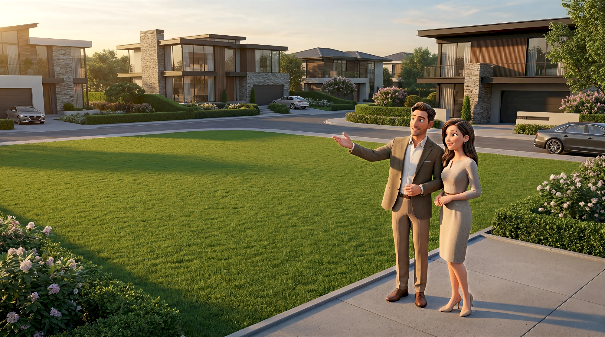 Two stylized 3D virtual characters — a white man in a tan blazer and open-collar shirt gesturing expansively…