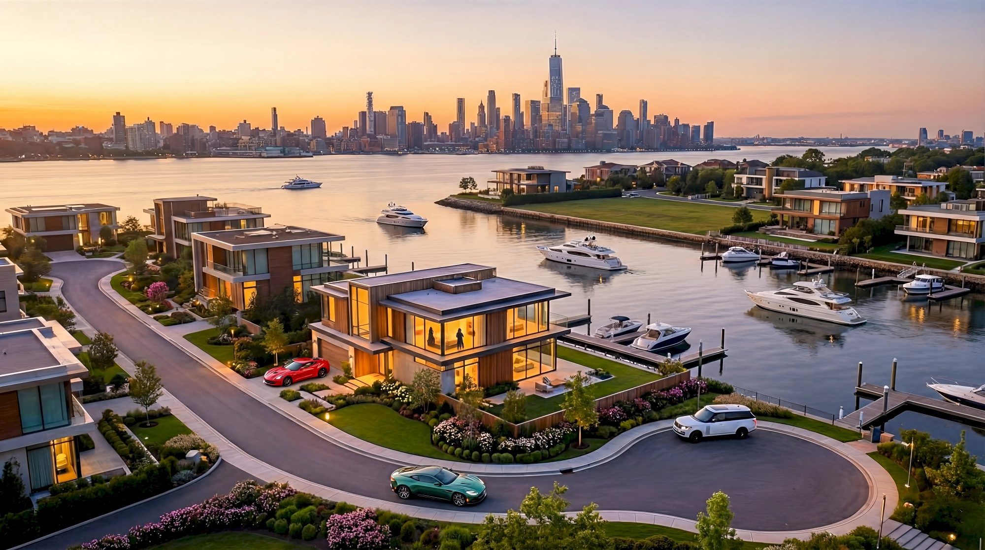A 3D render of a sweeping luxury marina community on the New Jersey waterfront facing the full Lower…
