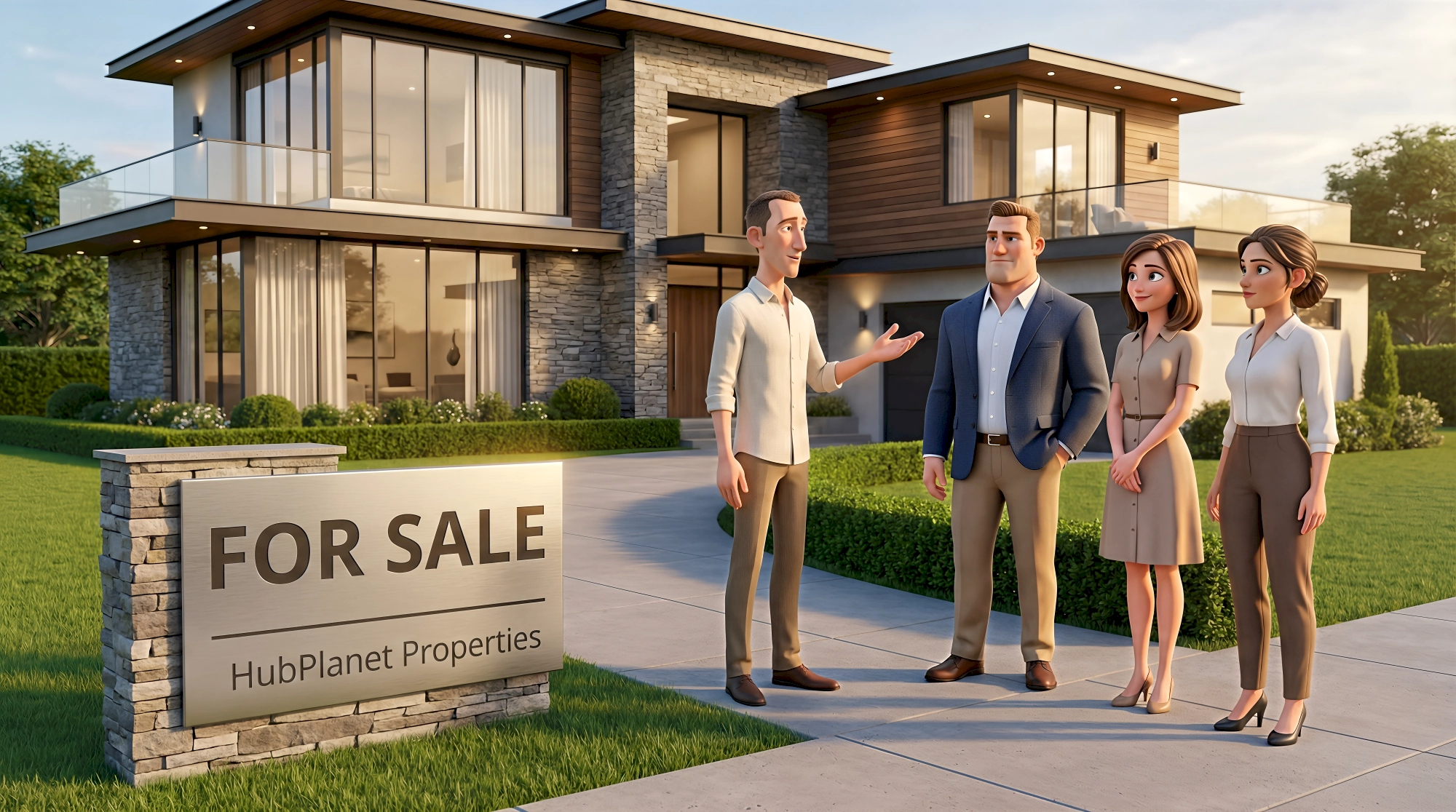 Four stylized 3D virtual characters — a slender white male real estate agent in a cream shirt gesturing…