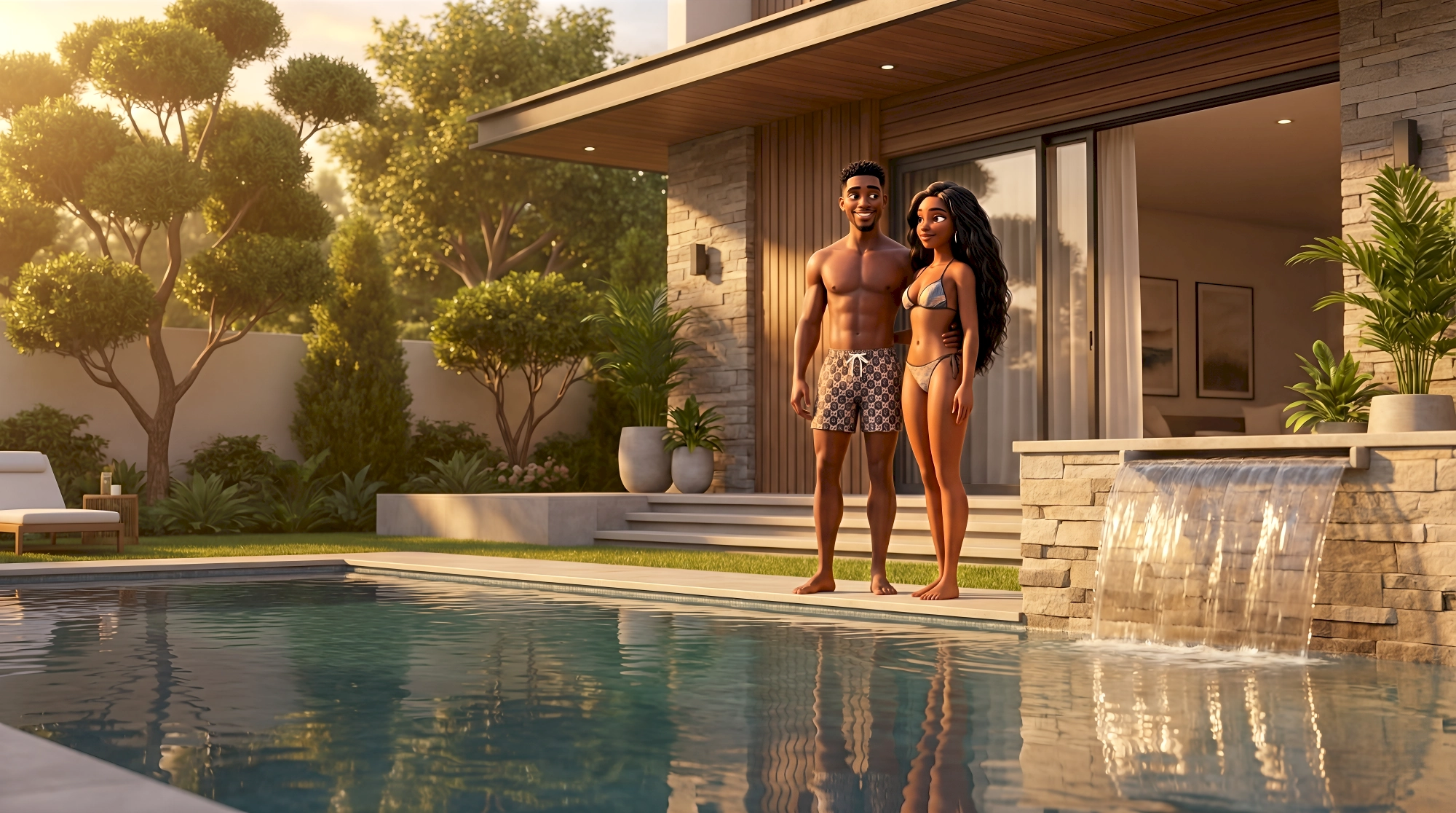 Two stylized 3D virtual beings — a Black man in designer swim shorts and a Black woman in a metallic bikini…