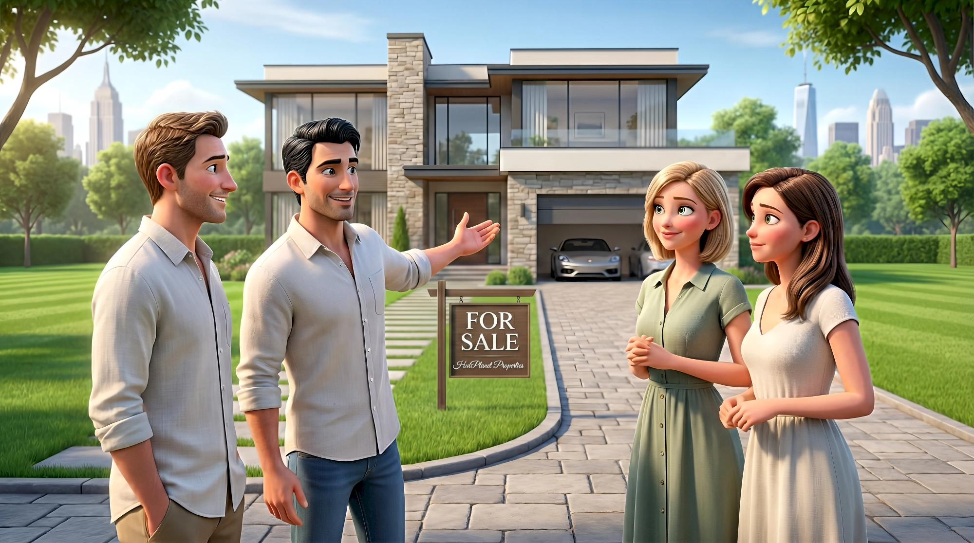 Four stylized 3D animated avatar characters — a white man in a cream linen shirt, a Southern European man in…