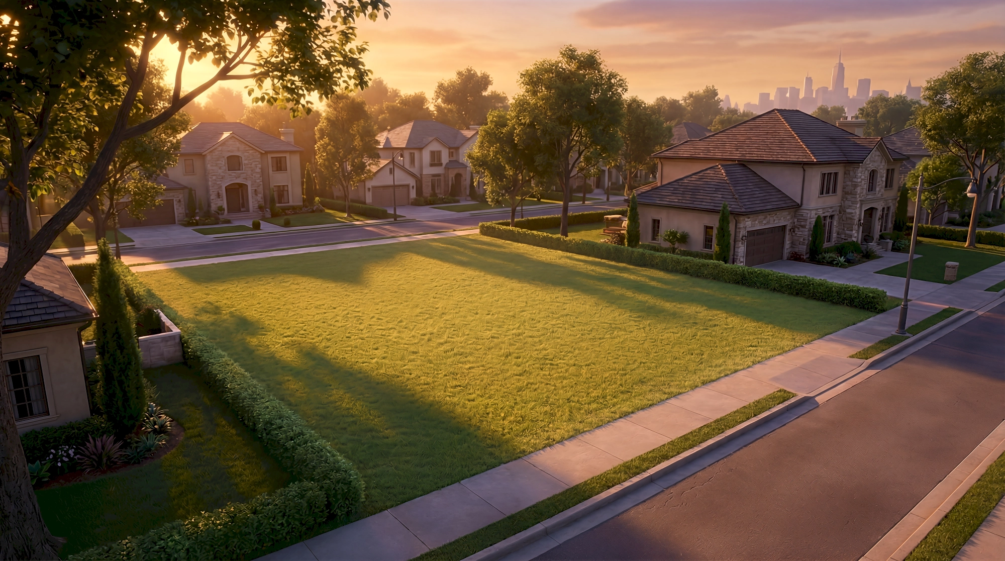 A 3D render of a pristine vacant grass land parcel bordered by manicured hedgerows on a sun-drenched corner…