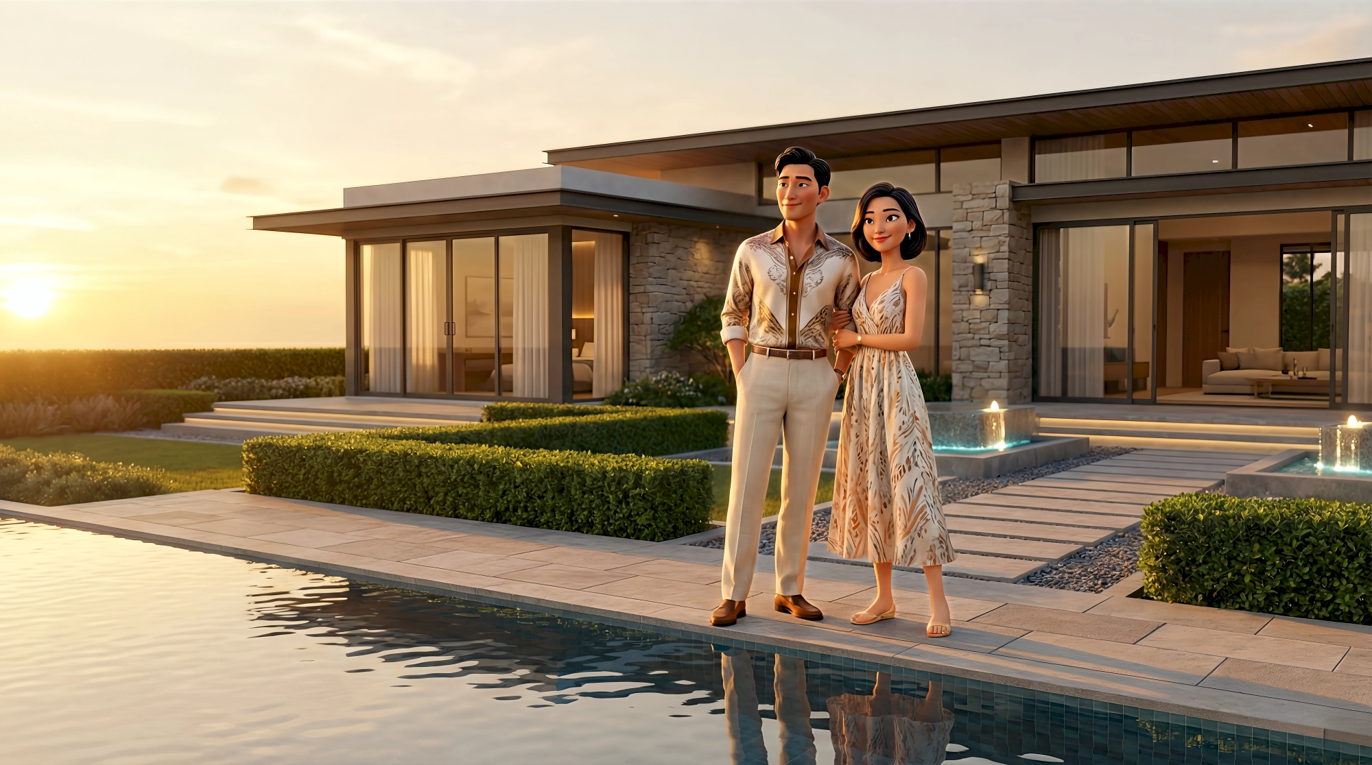 Two stylized 3D characters — an Asian man in cream linen trousers and a botanical print shirt and an Asian…