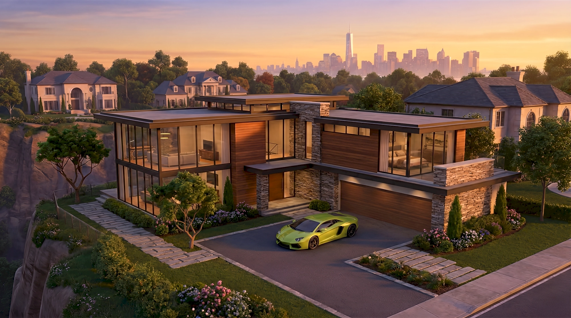 A 3D render of a sprawling contemporary luxury estate perched on a dramatic cliff-edge in Spuyten Duyvil New…