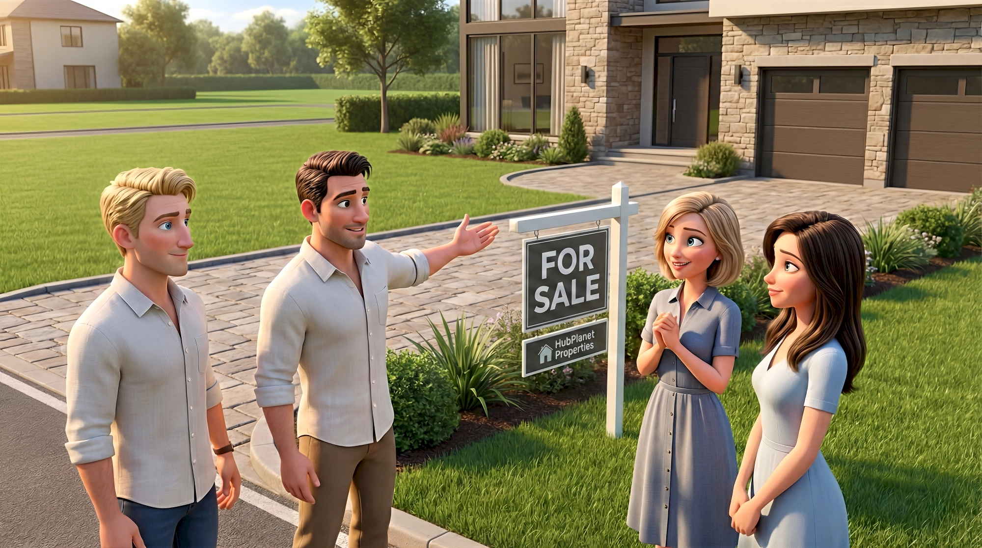 Four stylized 3D digital human characters — a white blonde man in a grey linen shirt, a white dark-haired…