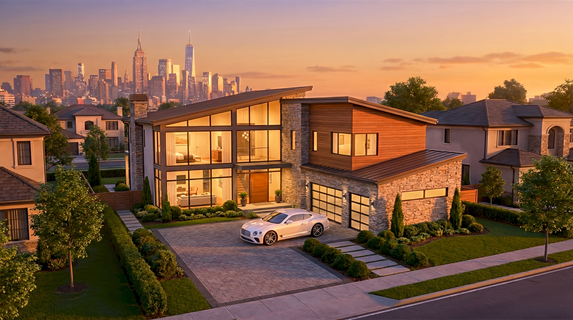 A stunning 3D render of a contemporary luxury estate in Todt Hill New York featuring stacked stone and cedar…