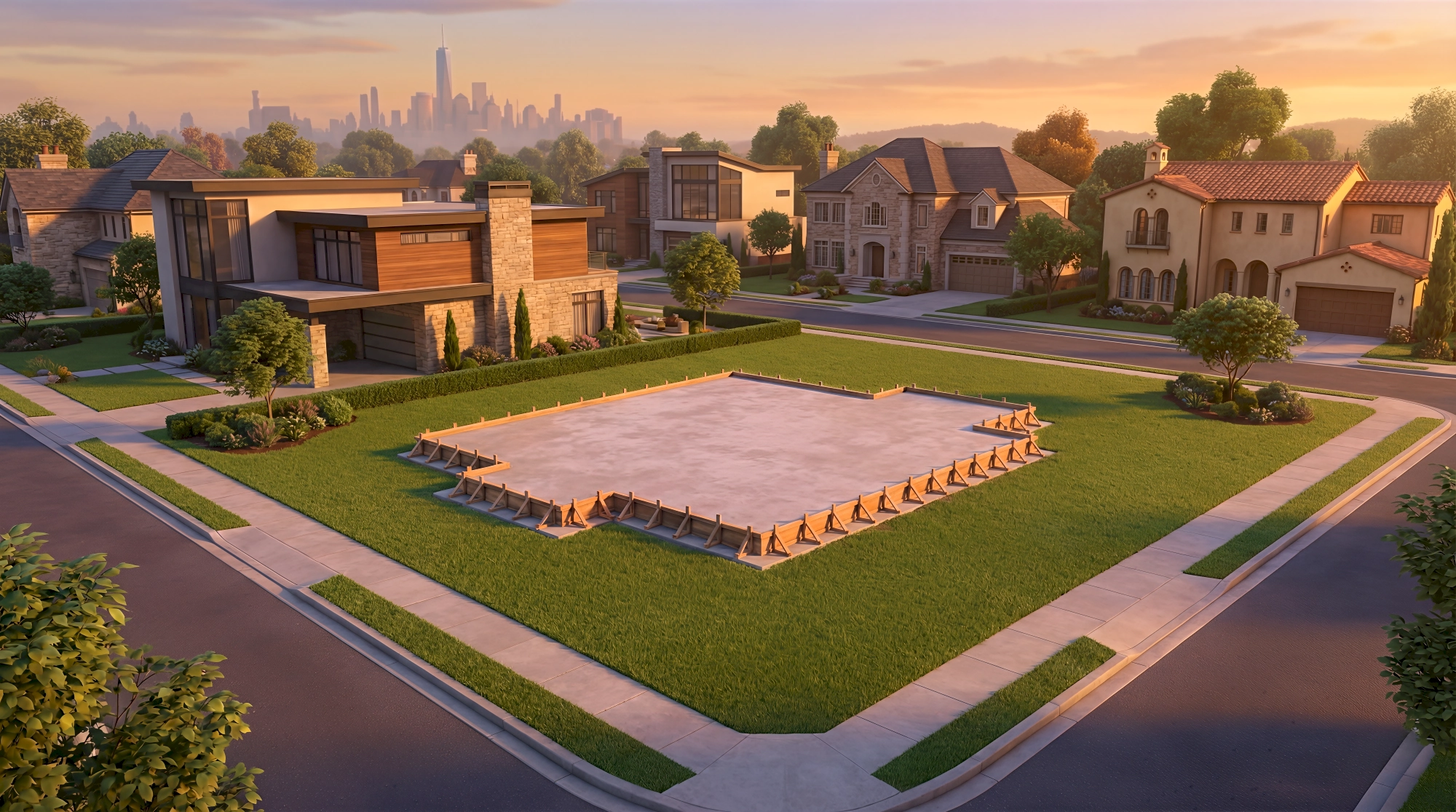 A 3D render of a vacant luxury residential land plot with concrete foundation slab and timber formwork in a…