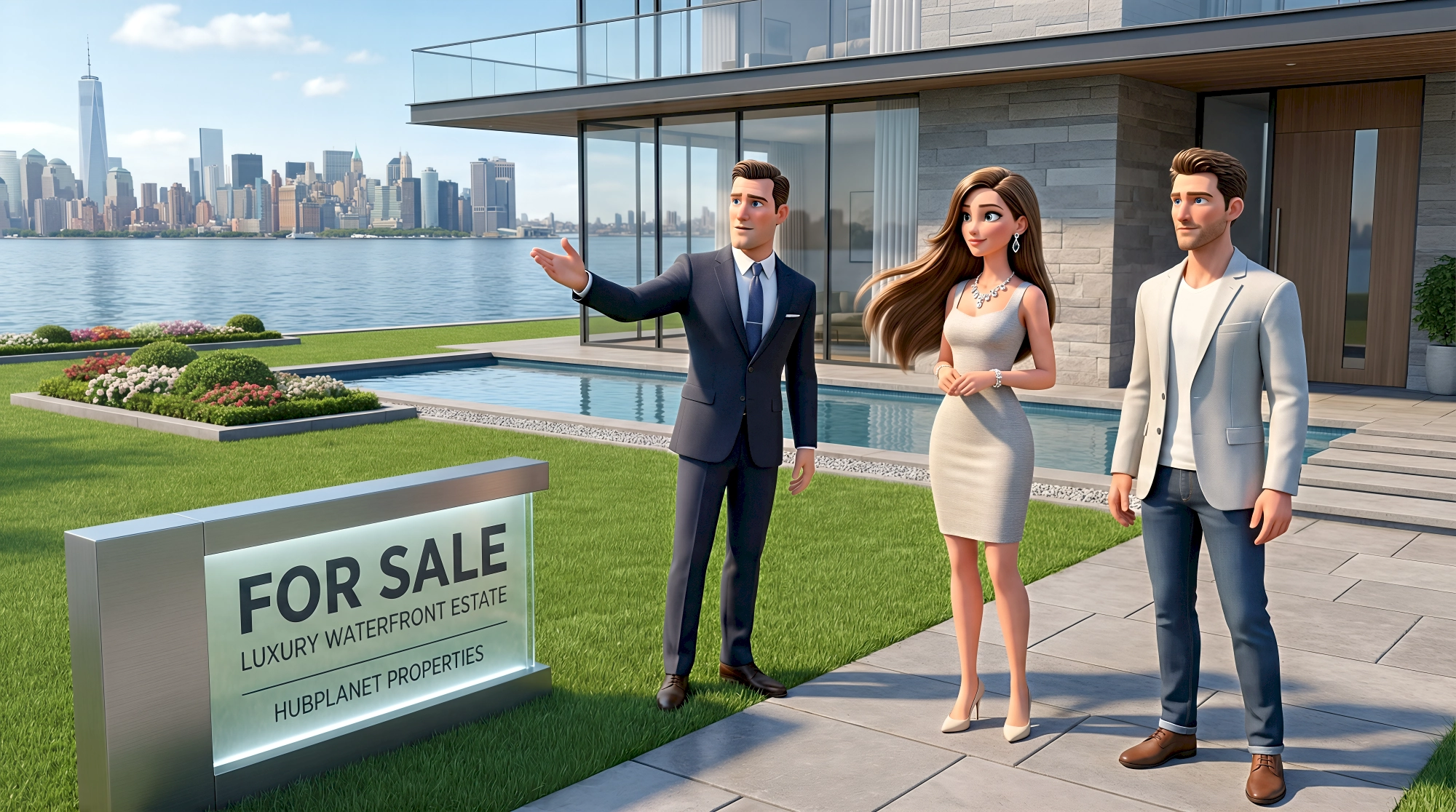 Three stylized 3D digital human characters — a white woman in a fitted grey bodycon dress with diamond drop…