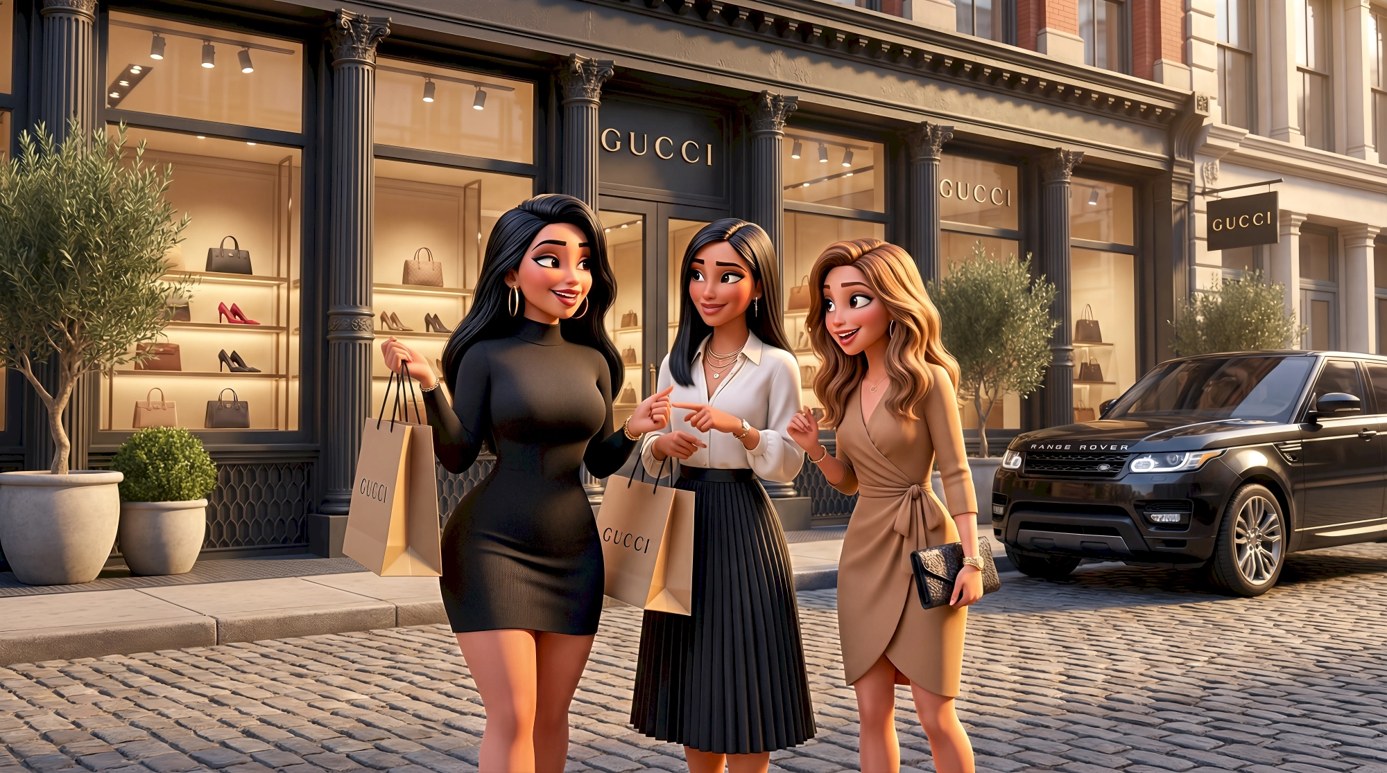 Three diverse women — a Middle Eastern woman in a black bodycon dress, a South Asian