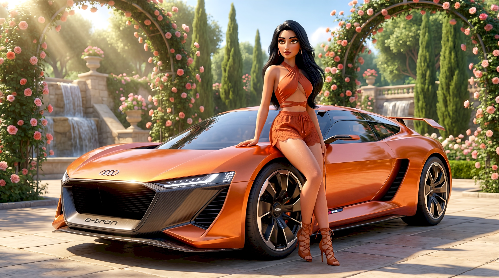 High-fidelity 3D candy orange Audi PB18 e-tron electric mega car at a Bronxville botanical estate in New York…