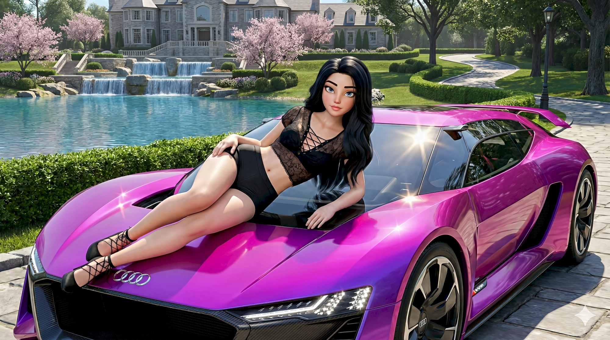 High-fidelity 3D magenta Audi PB18 e-tron electric mega car at a Lattingtown stone manor estate within the…