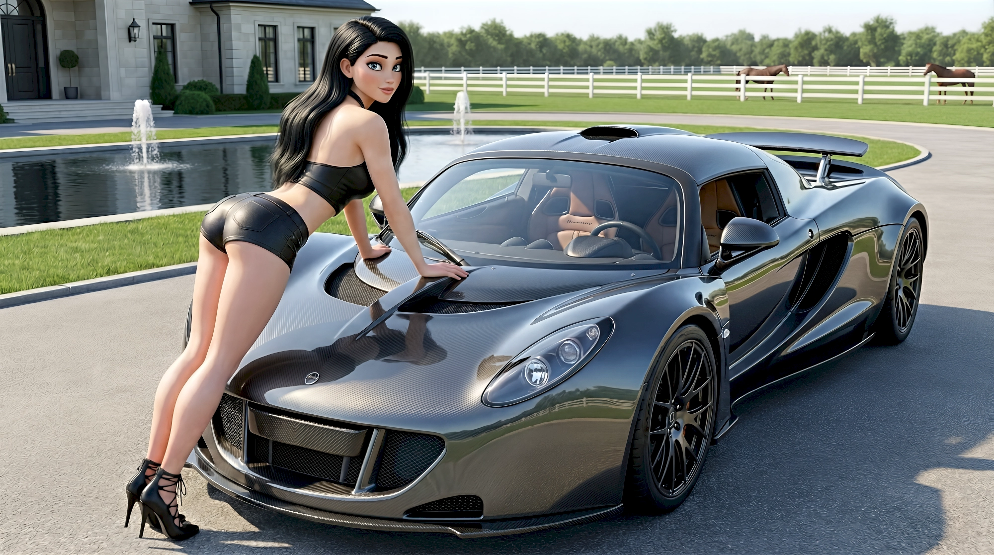 Photorealistic limited-edition exotic digital twin of a carbon fiber Hennessey Venom GT at a luxury Millbrook…