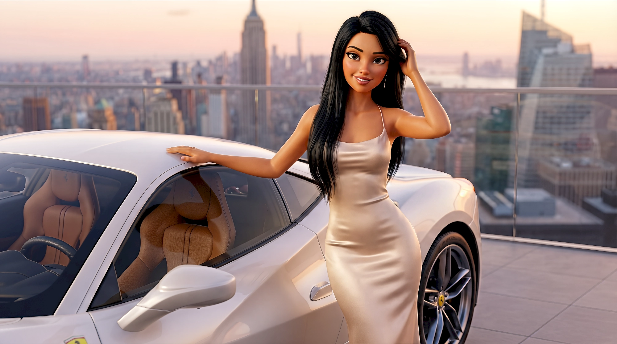 White Ferrari F8 Tributo at a NoMad Manhattan penthouse terrace within the HubPlanet Digital Twin, featured…