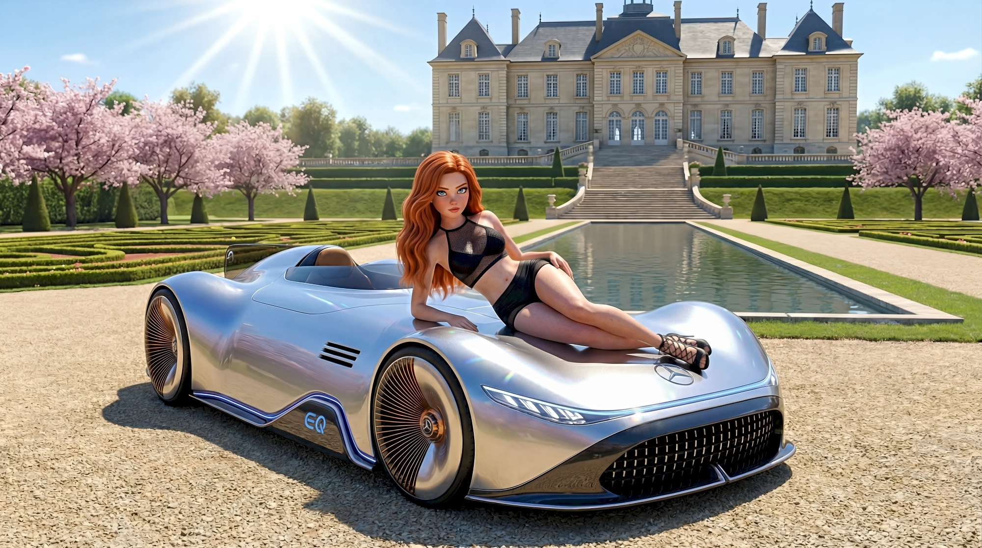 High-fidelity 3D silver Mercedes-Benz Vision EQ Silver Arrow electric mega car at a luxury Old Westbury…
