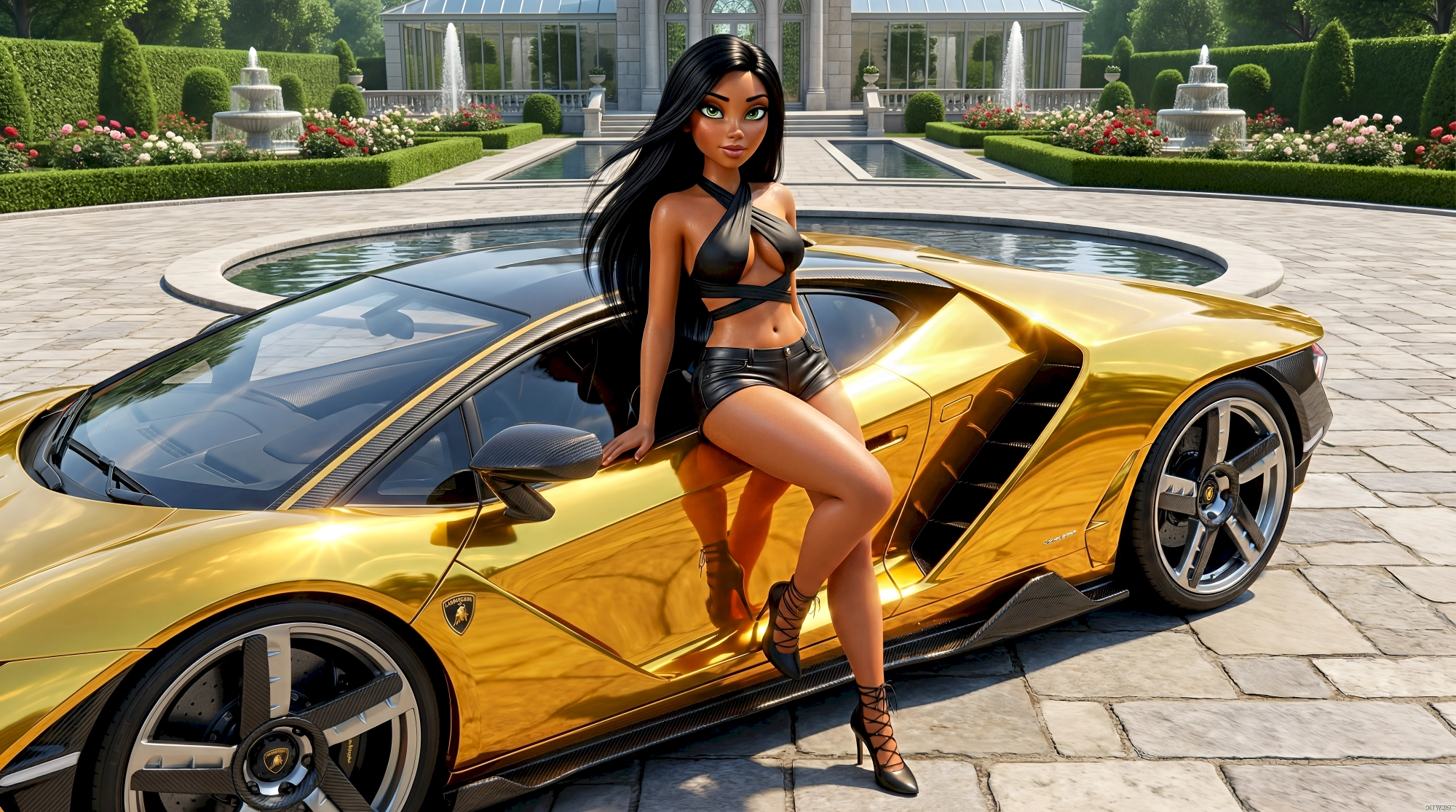High-fidelity 3D liquid gold Lamborghini Centenario at a luxury Saddle Rock estate within the HubPlanet…