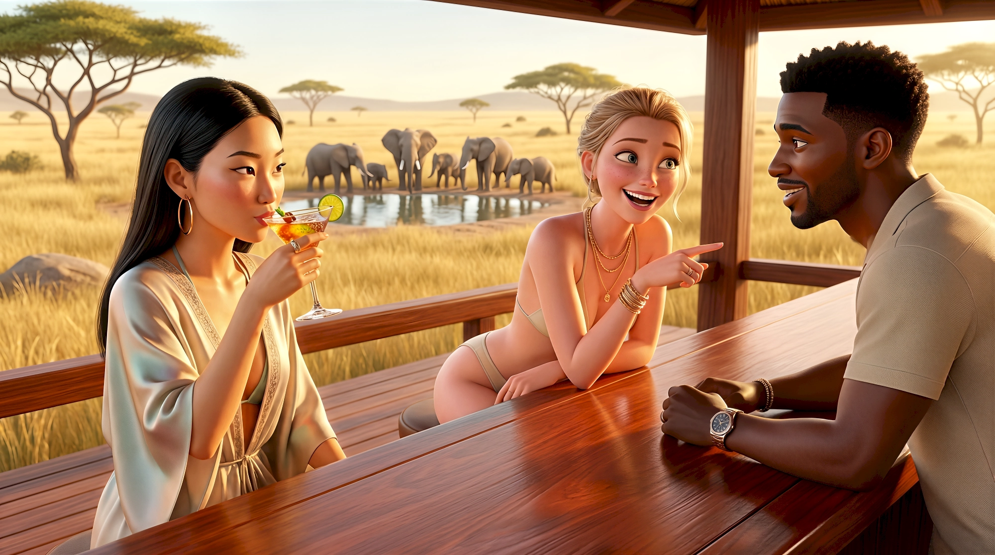Three vibrant 3D animated characters including two women in resort wear and a man with a