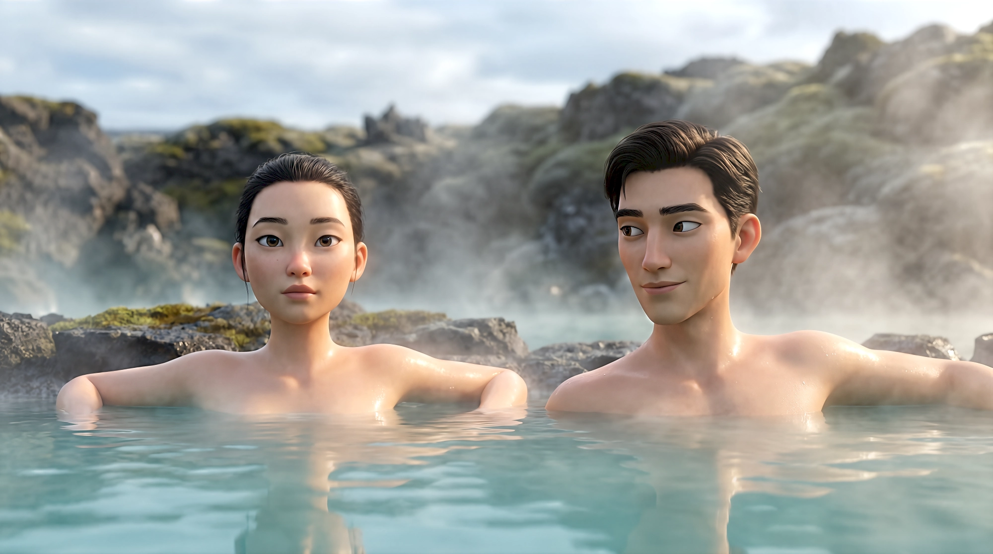 Two serene 3D animated characters soak together in the iconic milky aquamarine geothermal waters of the
