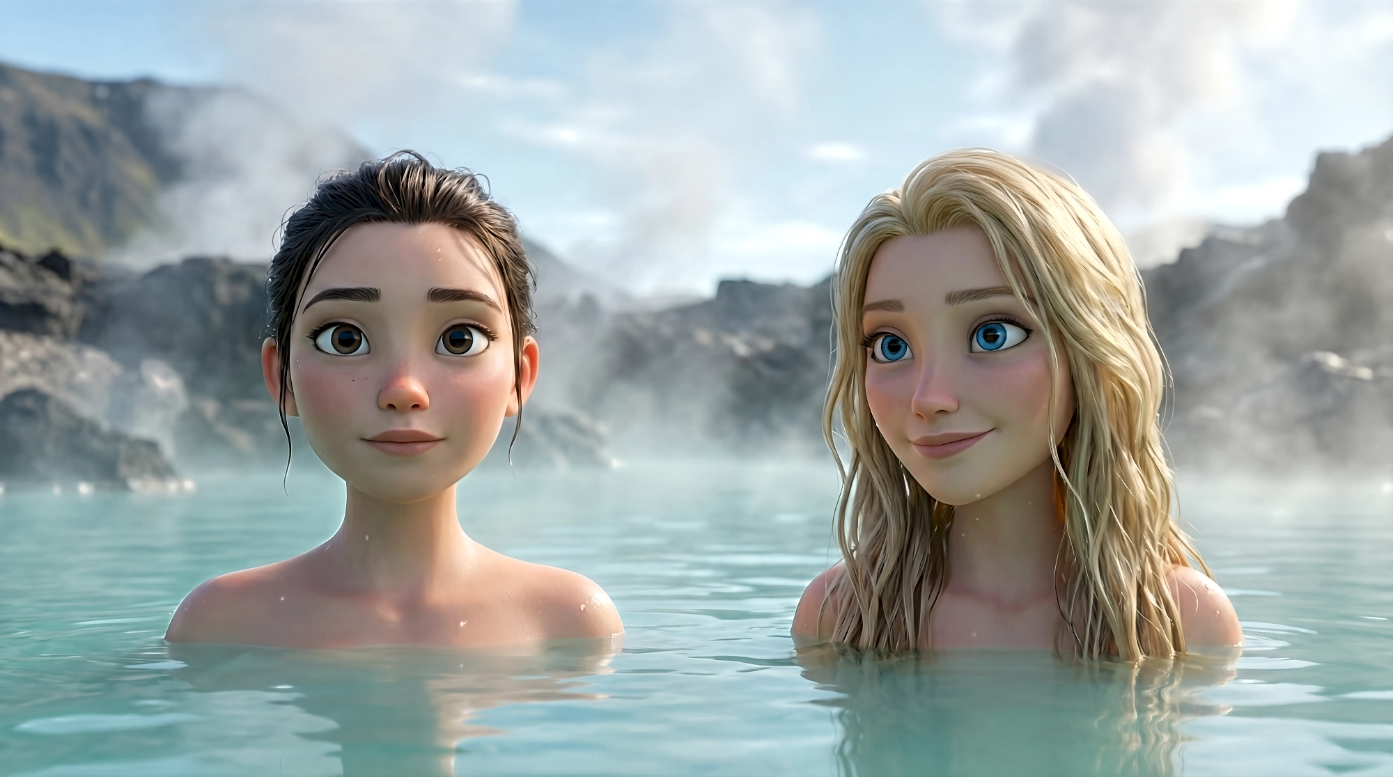 Two expressive 3D animated women soak shoulder-deep in the iconic milky aquamarine geothermal waters of the