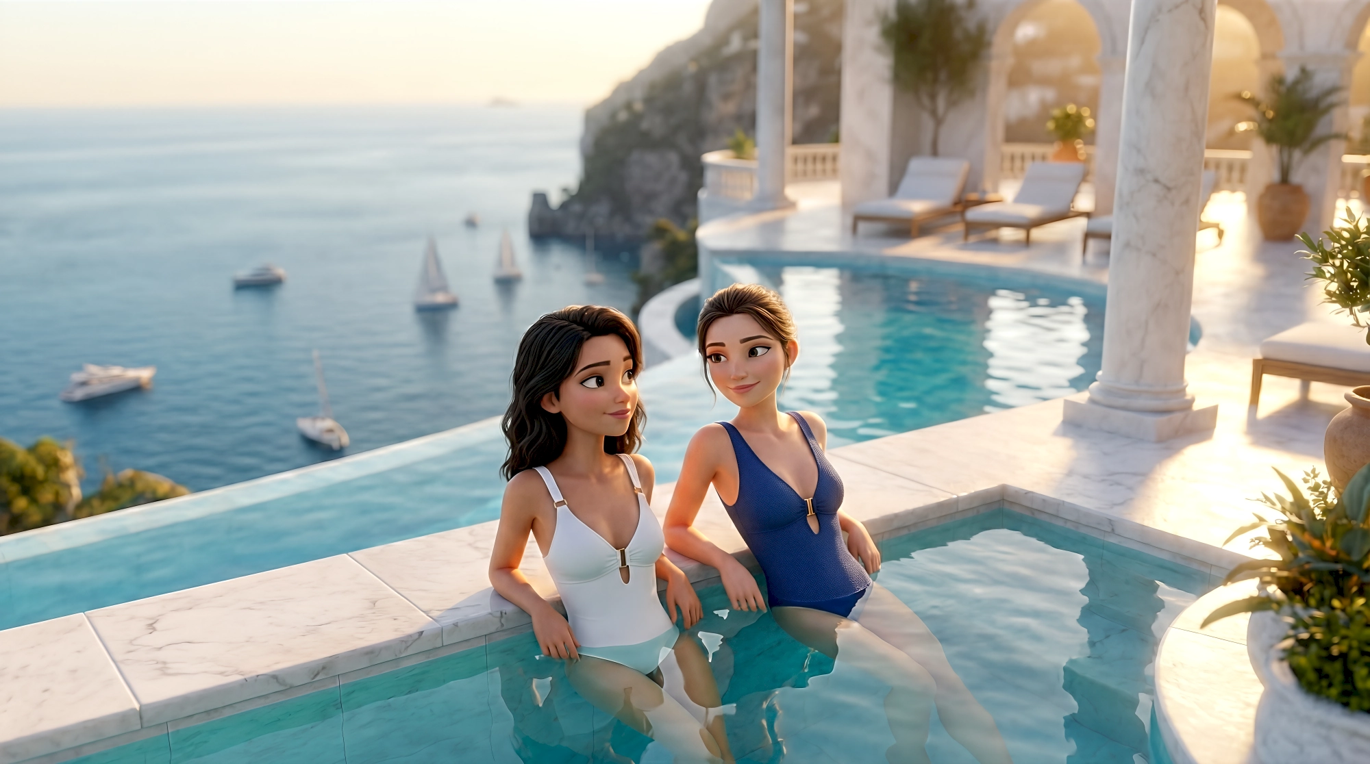 Two stylized 3D animated women in elegant one-piece swimsuits relax in a white marble infinity pool