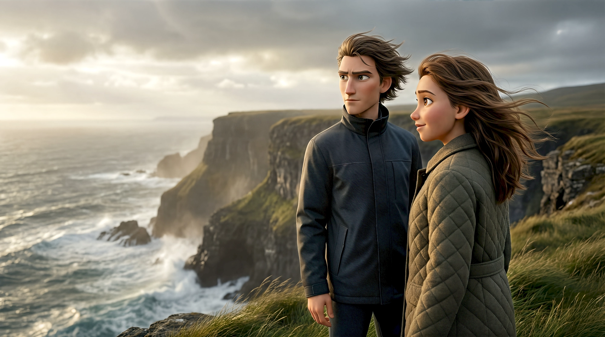 Two expressive 3D animated characters including a man in a dark zip jacket and a woman