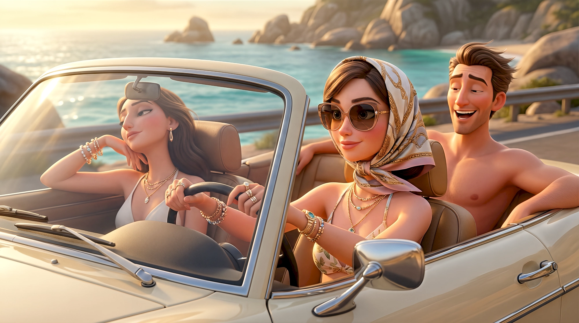 Three glamorous 3D animated characters including two women in bikinis and silk accessories and a shirtless