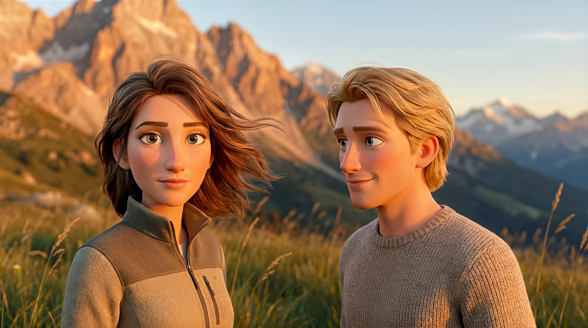 Two stylized 3D animated characters in fleece and knit sweaters stand in a windswept alpine meadow
