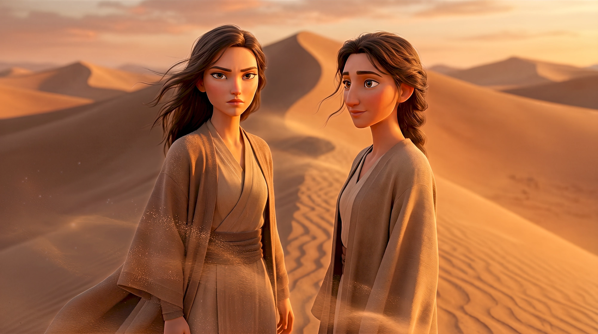 Two striking 3D animated women in flowing desert robes stand windswept on vast golden crescent sand