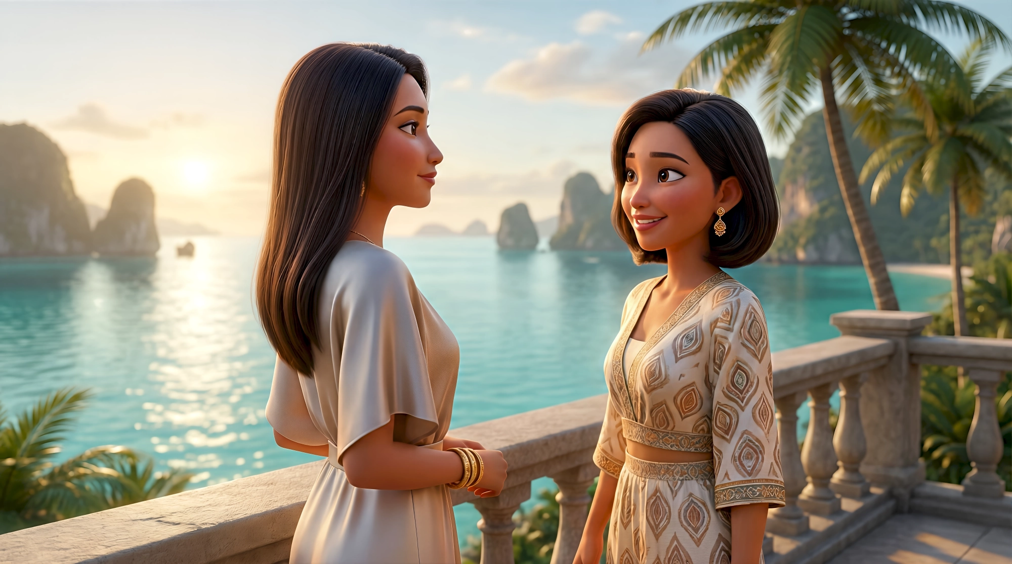 Two stylized 3D animated women in elegant flowing resort wear stand on a stone terrace overlooking