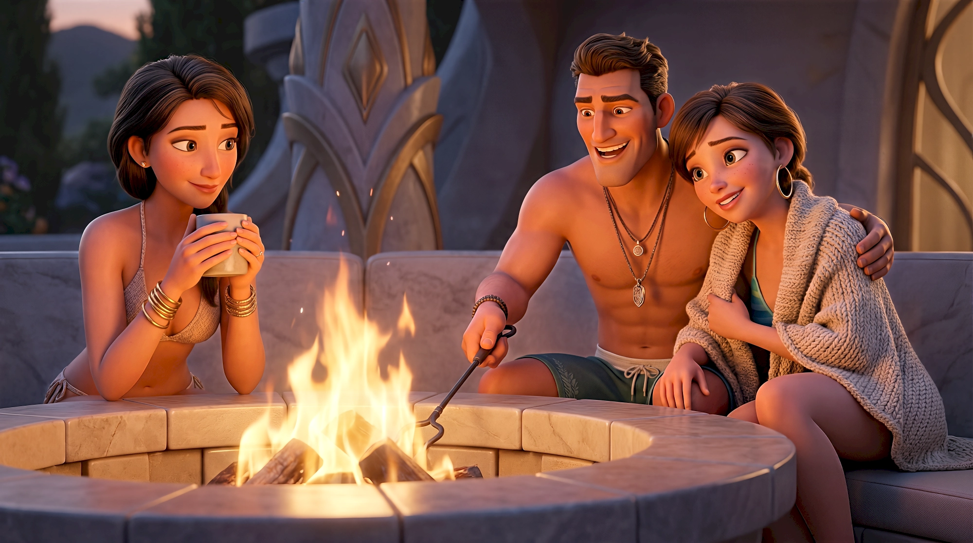 Three expressive 3D animated characters in swimwear and a chunky knit wrap gather around a glowing