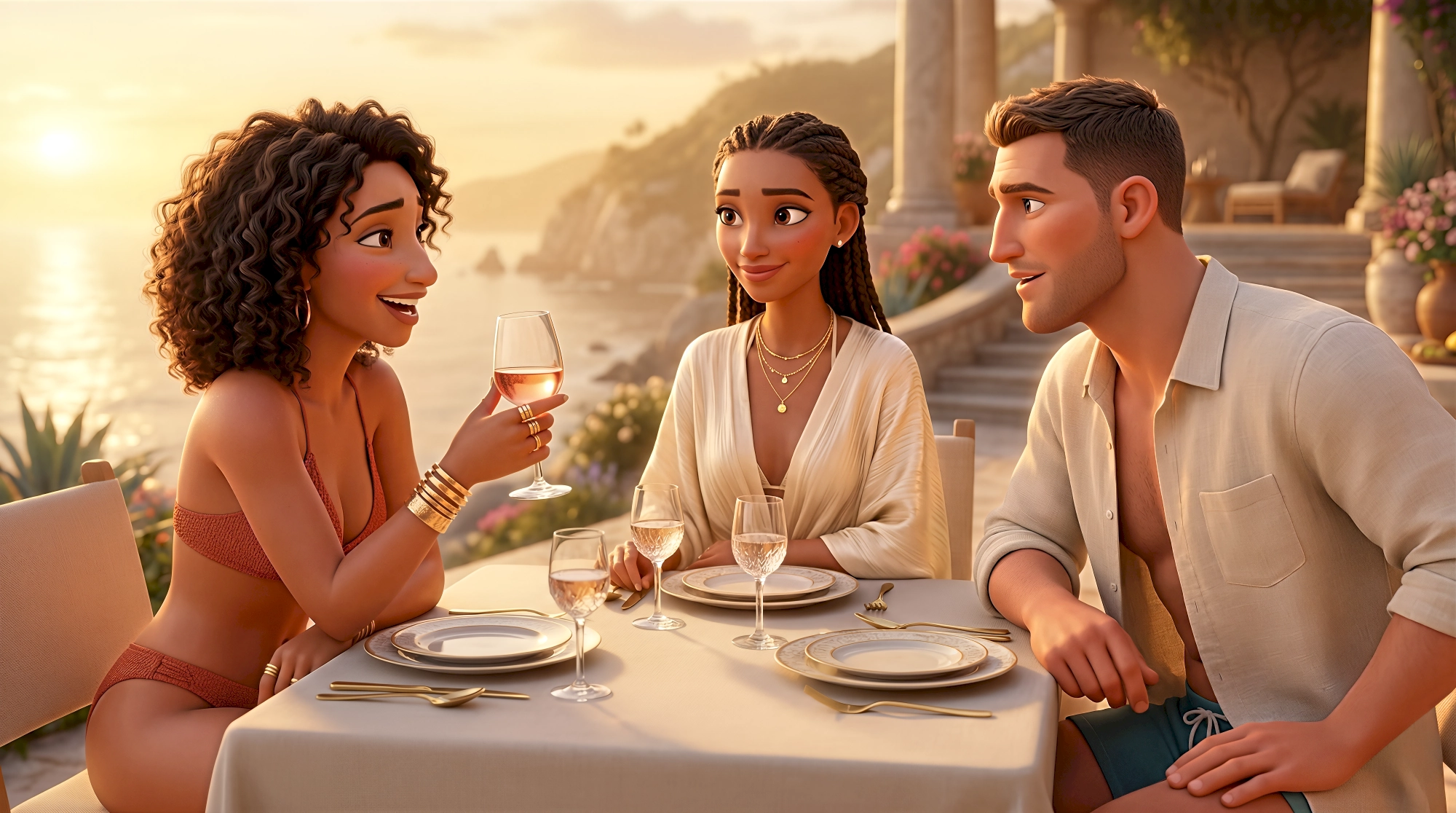 Three expressive 3D animated characters in resort wear share rose wine at a fine dining clifftop