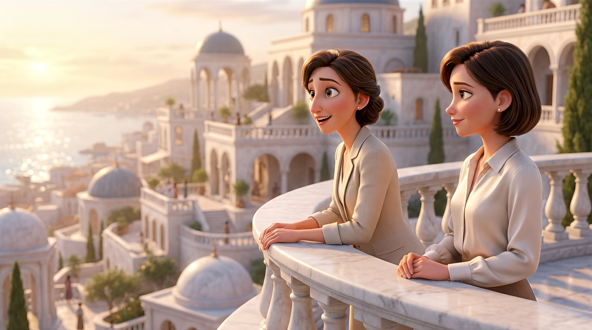 Two sophisticated 3D animated women in tailored blazers lean on a curved white marble terrace taking