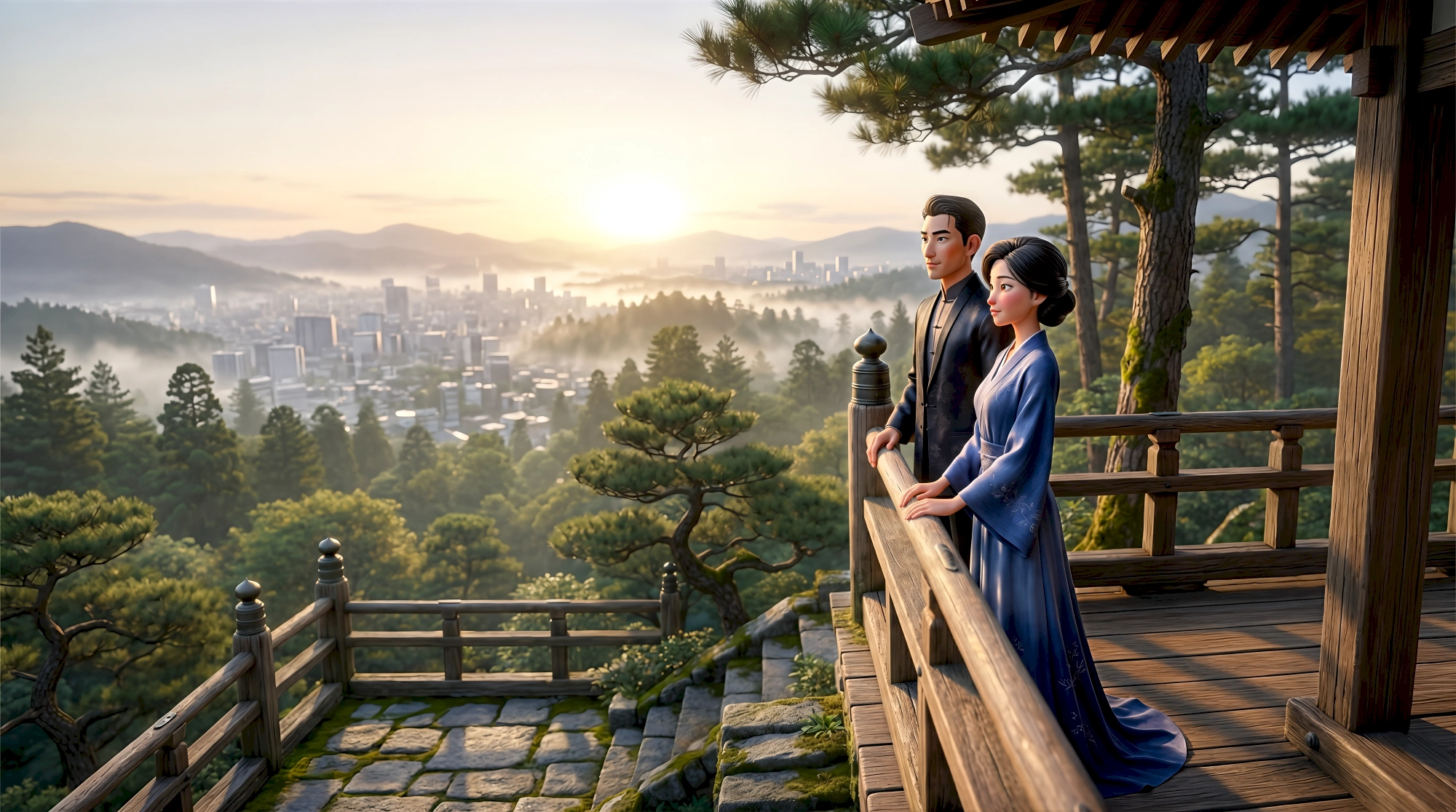 Two elegant 3D animated characters in a dark mandarin jacket and blue kimono stand on an