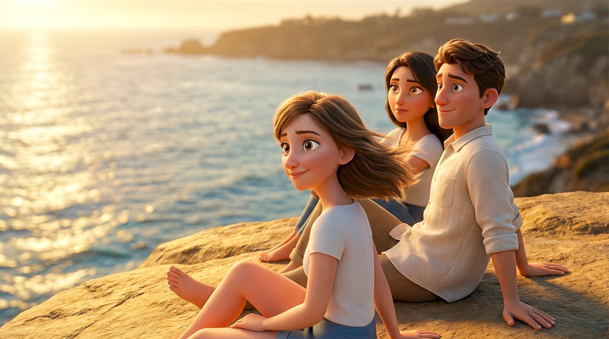 Three relaxed 3D animated characters in casual coastal wear sit on warm sandstone cliffs watching the