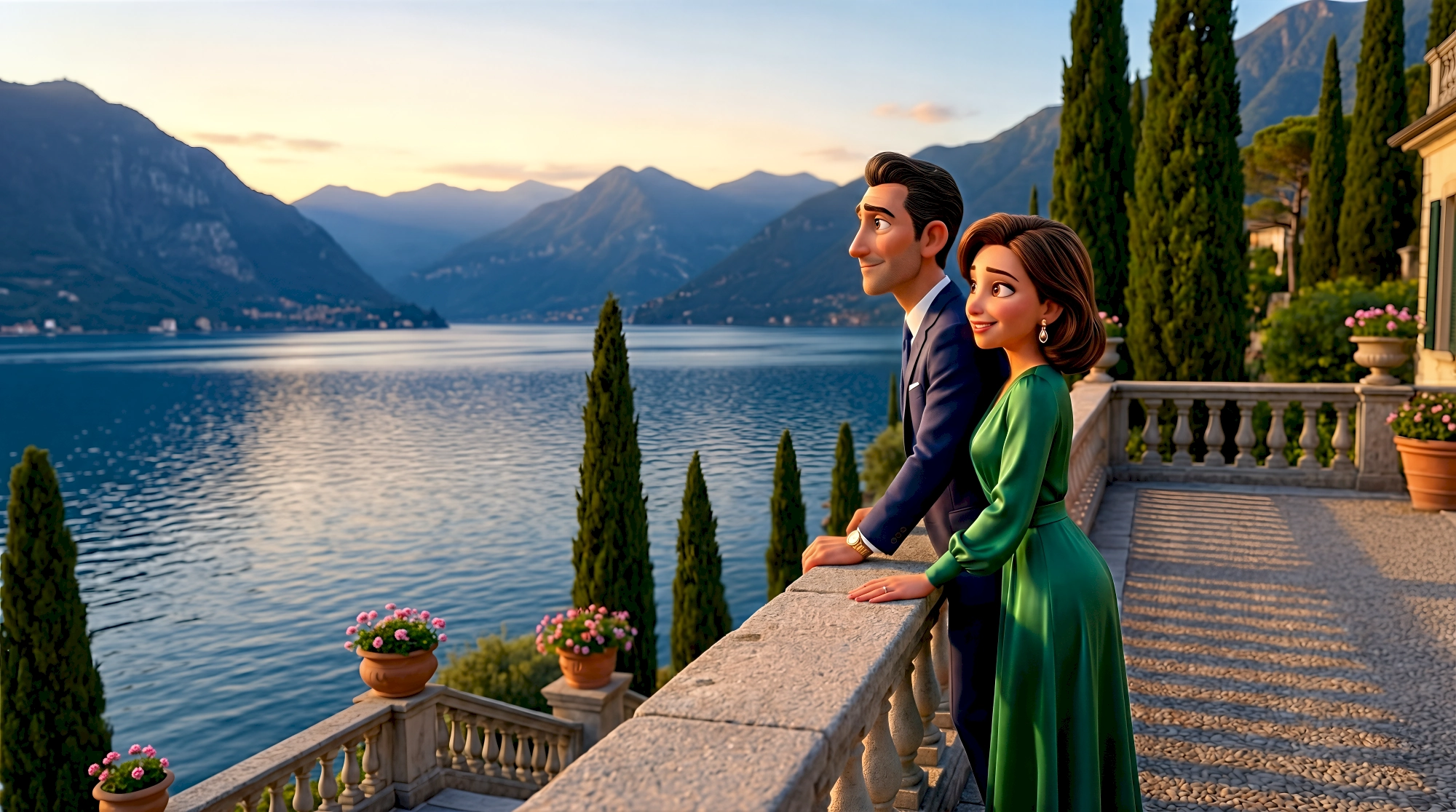 Two sophisticated 3D animated characters in a navy suit and emerald green gown lean on a