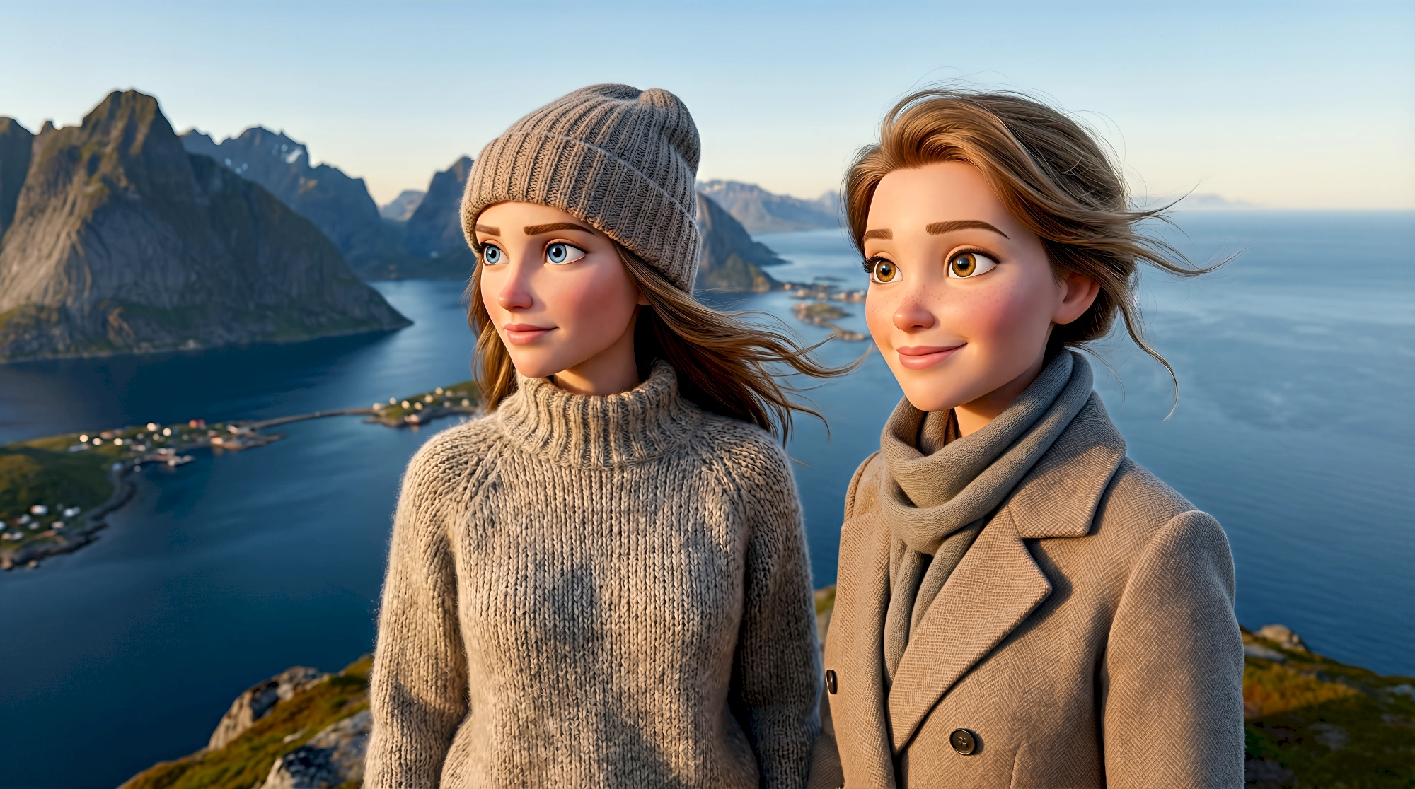 Two cinematic 3D animated women including one in a chunky knit sweater and wool beanie and
