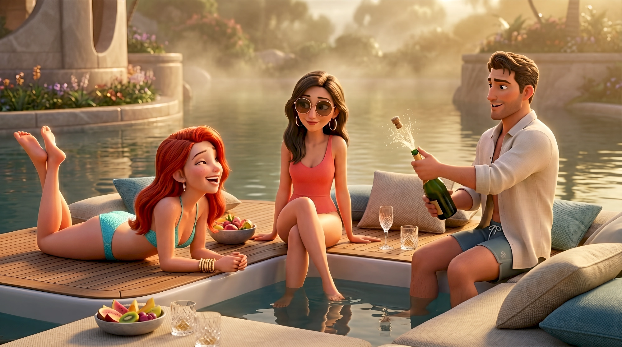 Three vibrant 3D animated characters in swimwear lounge on a floating teak pool platform popping champagne