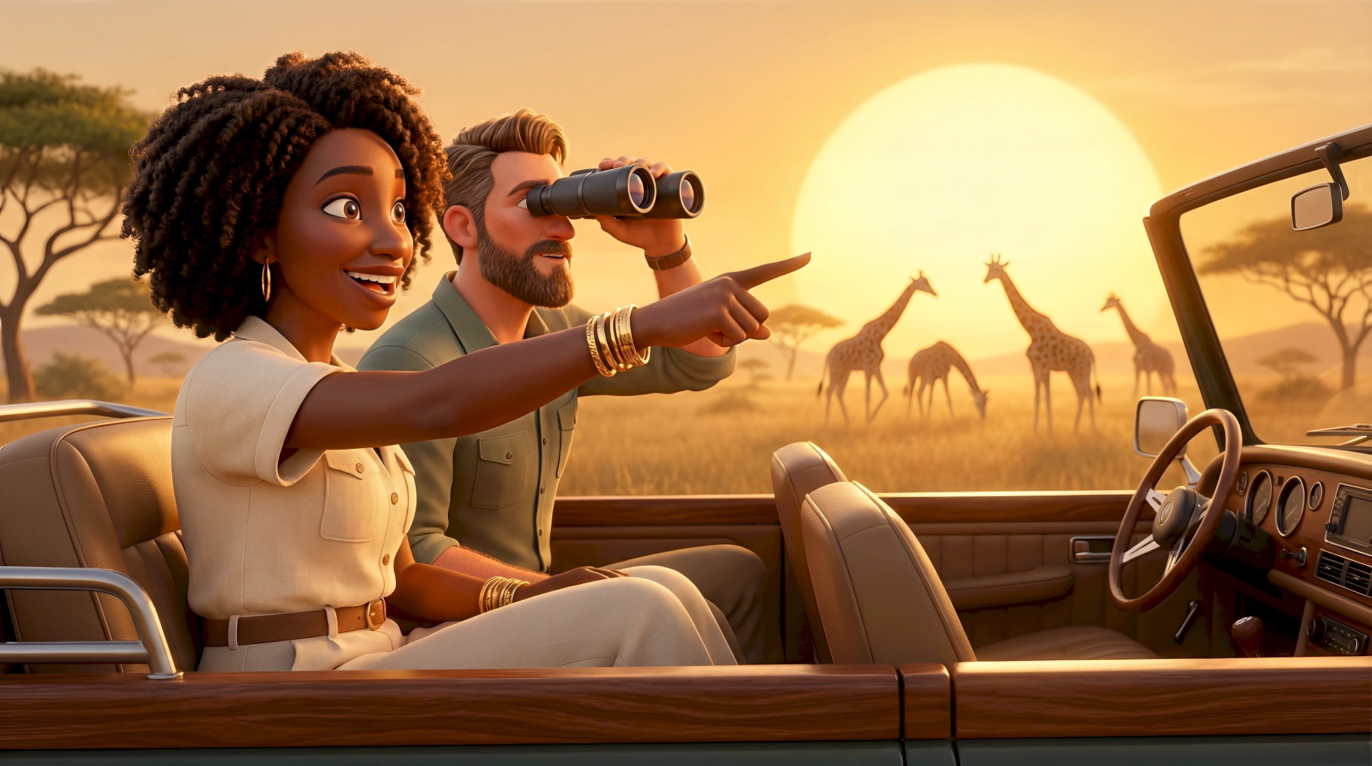 Two expressive 3D animated characters including a woman in a beige safari dress with gold bangles